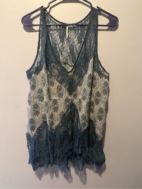 Free People Teal Lace-Trim Printed Camisole M
